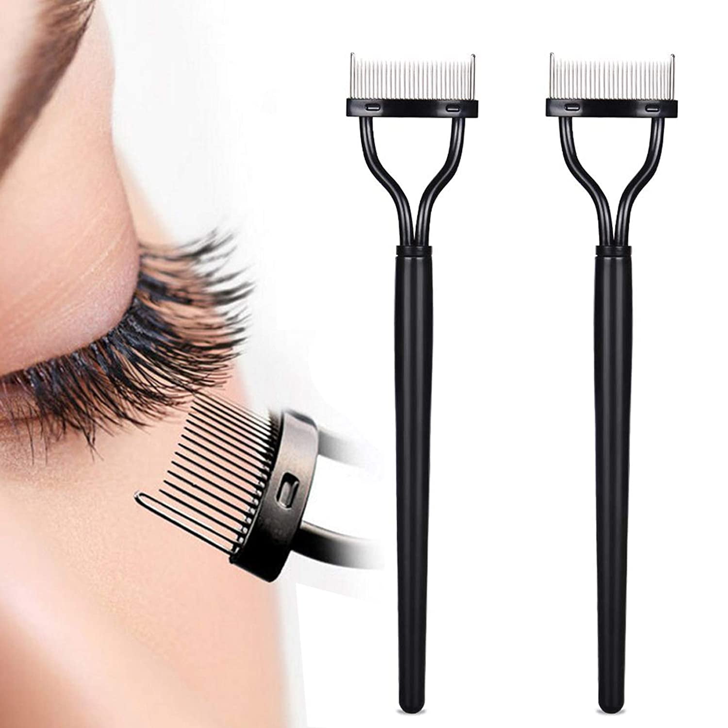 2 Pack Eyelash Comb Folding Metal Curler Mascara Separator Set Teeth Eyelashes Definer Lash Extensions Applicator with Comb Cover Professional Beauty Makeup Brushes Tool for Eyelashes